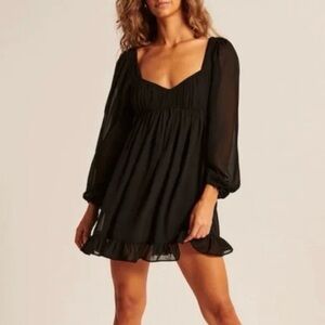Abercrombie Black Long-Sleeve Ruched Babydoll Mini Dress